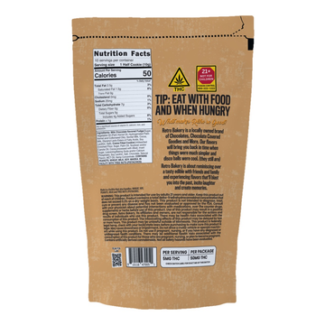 Retro Bakery Chocolate Covered THC Cookies 5-pack, 10mg hemp-derived Delta-9 THC per cookie, 50mg total (back of package with dosing details)