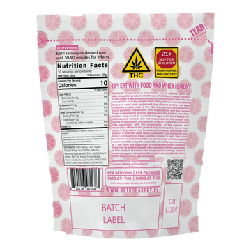 Sour Pink Lemonade Bitz from Retro Bakery, 50mg THC, back of the package