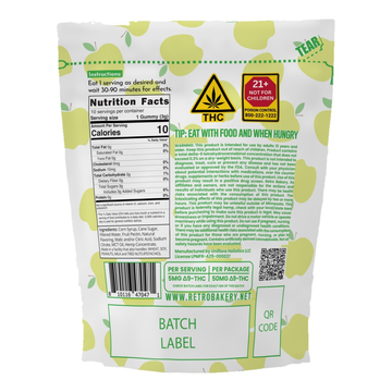 Sour Apple Bitz from Retro Bakery, 50mg THC, back of the package