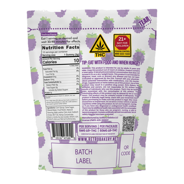 Very Berry Grape Bitz from Retro Bakery, 50mg THC, back of the package