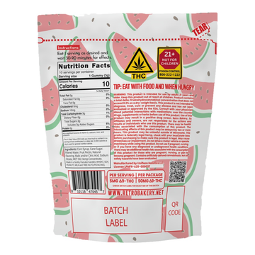 Watermelon Bitz from Retro Bakery, 50mg THC, back of the package