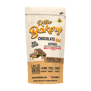 Retro Bakery Dubai Chocolate Bar, pistachio knafeh milk chocolate bar with 50mg hemp-derived Delta-9 THC