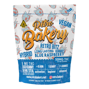 Blue Raspberry Bitz from Retro Bakery, 50mg THC, front of the package