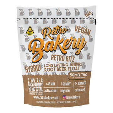 Root Beer Float Bitz from Retro Bakery, 50mg THC, front of the package
