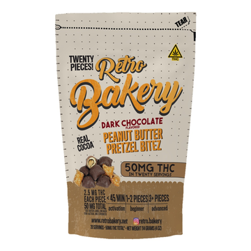 Retro Bakery Dark Chocolate Covered Peanut Butter Pretzel Bites, 20 bites at 2.5mg hemp-derived Delta-9 THC, 50mg per bag (front of package)