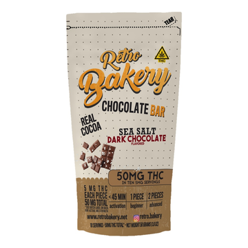 Retro Bakery Dark Chocolate Sea Salt Bar, 50mg hemp-derived Delta-9 THC dark chocolate bar (front of package)