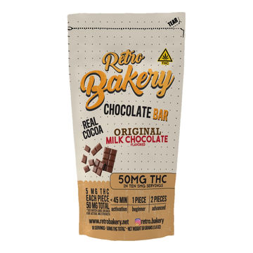 Retro Bakery Milk Chocolate Bar, 50mg hemp-derived Delta-9 THC chocolate bar, 10 pieces at 5mg (front of package)