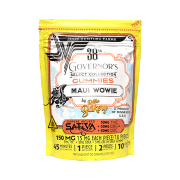 Maui Wowie Sativa Gummies from Retro Bakery, 50mg THC + 50mg CBGA + 50mg CBC hemp-derived Delta-9 THC, front of the package