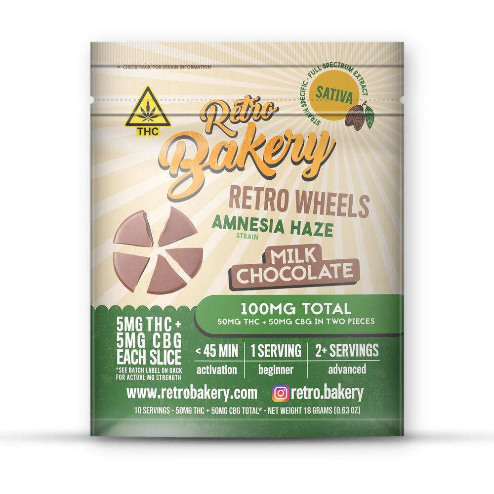 Retro Bakery Amnesia Haze Milk Chocolate Wheels, 50mg THC + 50mg CBG, front of the package