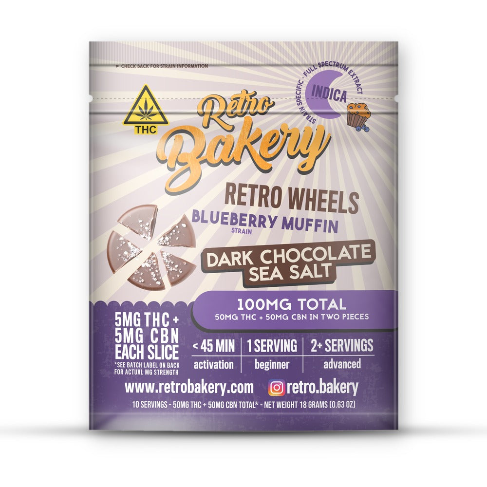 Retro Bakery Blueberry Muffin Dark Chocolate Sea Salt Wheels, 50mg THC + 50mg CBN, front of the package