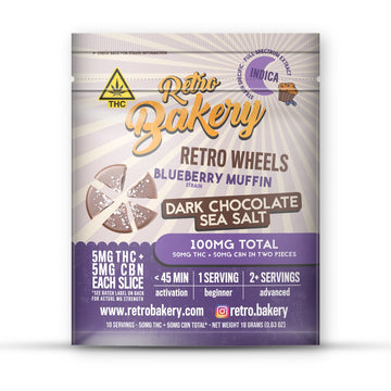 Retro Bakery Blueberry Muffin Dark Chocolate Sea Salt Wheels, 50mg THC + 50mg CBN, front of the package