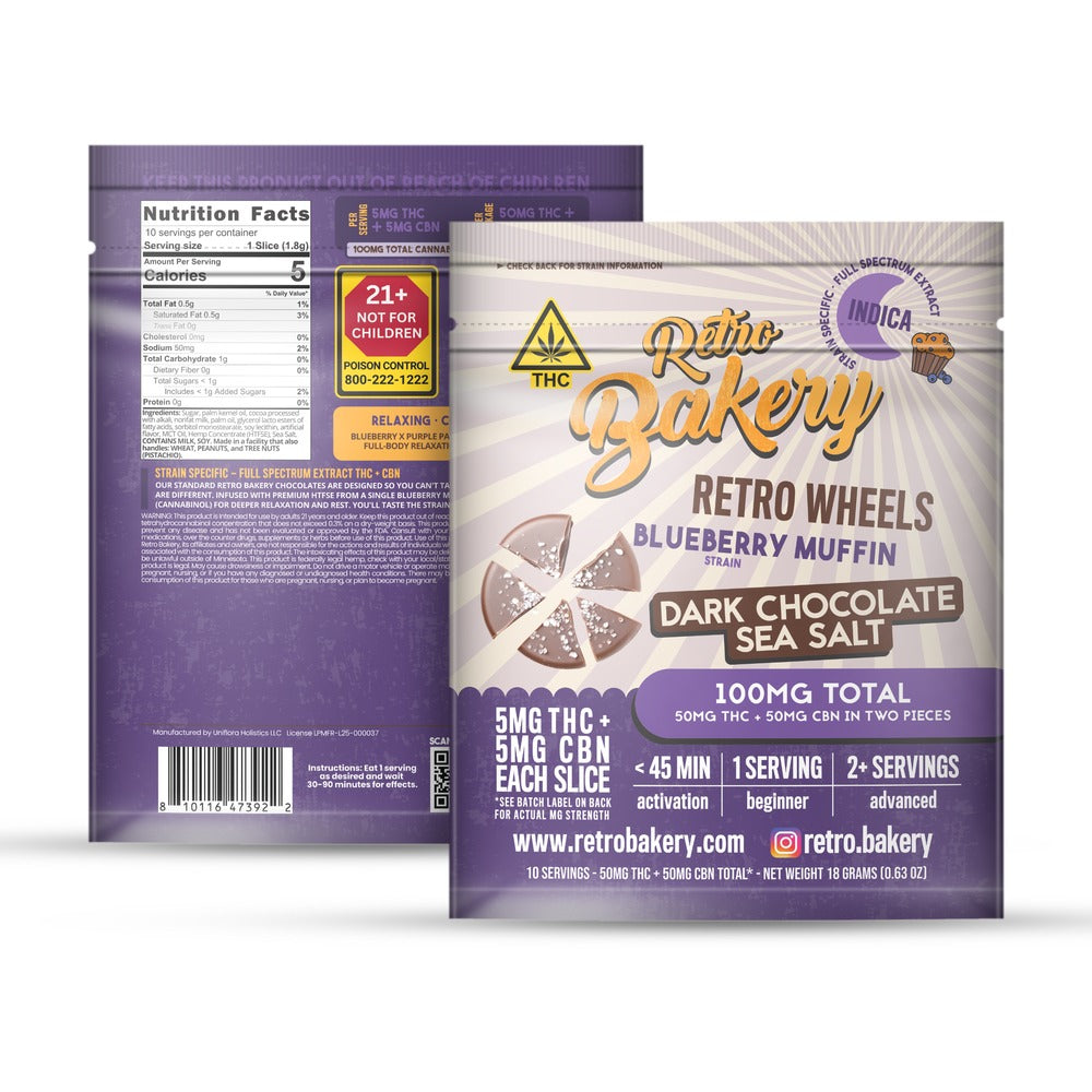 Retro Bakery Blueberry Muffin Dark Chocolate Sea Salt Wheels, 50mg THC + 50mg CBN, front and back of the package