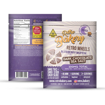 Retro Bakery Blueberry Muffin Dark Chocolate Sea Salt Wheels, 50mg THC + 50mg CBN, front and back of the package