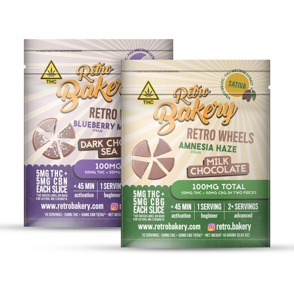 Retro Bakery Chocolate Wheels in Amnesia Haze Milk Chocolate and Blueberry Muffin Dark Chocolate Sea Salt