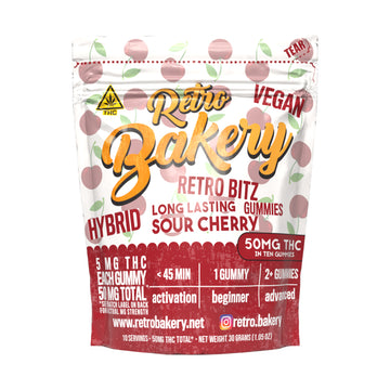 Sour Cherry Bitz from Retro Bakery, 50mg THC, front of the package