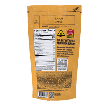 Retro Bakery Creamy White Chocolate Bar, 50mg hemp-derived Delta-9 THC white chocolate bar (back of package with dosing details)