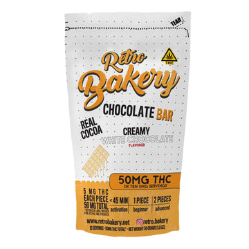 Retro Bakery Creamy White Chocolate Bar, 50mg hemp-derived Delta-9 THC white chocolate bar (front of package)