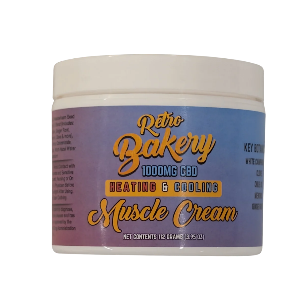 Front of the Retro Bakery Heating and Cooling CBD Muscle Cream jar, 1000mg CBD, 112 grams