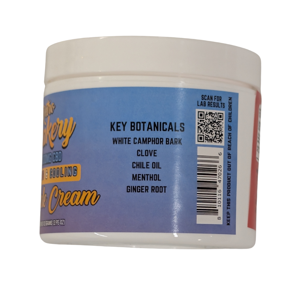 Side of the Retro Bakery CBD Muscle Cream jar listing key botanicals and the scan for lab results QR code